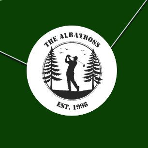 Golf Player Pine Trees Add Name Classic Round Sticker