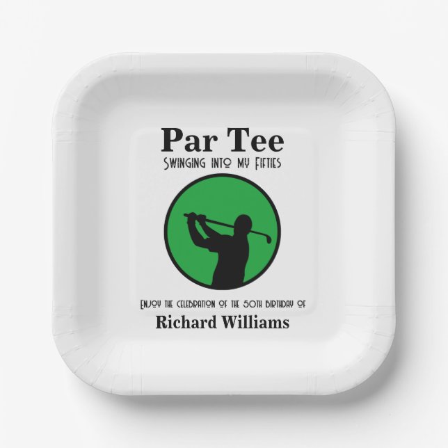 Golf Player Swinging into My Fifties 50th Birthday Paper Plates (Front)