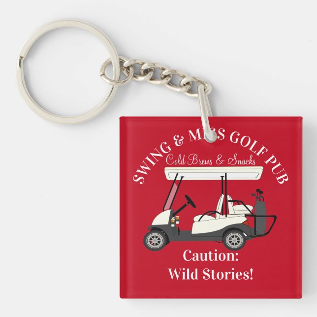 Golf Pub Golf Cart Beer & Snacks Wild Stories Keychain (Front)
