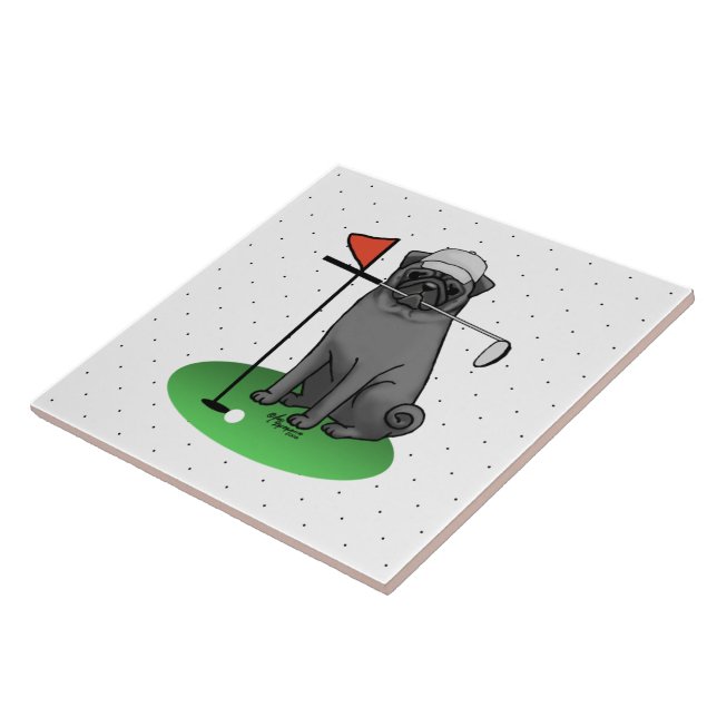 Golf Pug Playing Golf (black) Cute Dog Funny Ceramic Tile (Side)