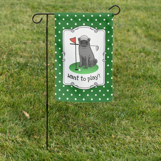 Golf Pug Playing Golf (black) Cute Dog Funny Garden Flag (In SItu)
