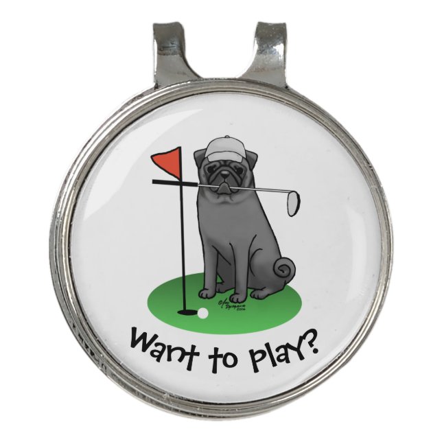 Golf Pug Playing Golf (black) Cute Dog Funny Hat Clip (Front)