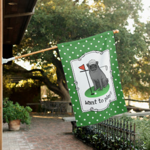 Golf Pug Playing Golf (black) Cute Dog Funny House Flag