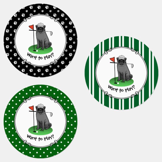 Golf Pug Playing Golf (black) Cute Dog Funny Labels (Group)
