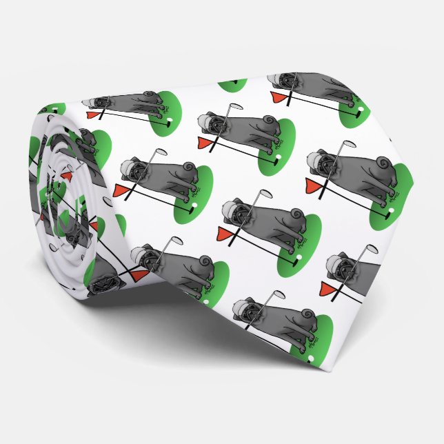 Golf Pug Playing Golf (black) Cute Dog Funny Neck Tie (Rolled)