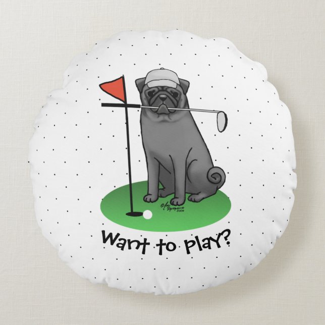 Golf Pug Playing Golf (black) Cute Dog Funny Round Pillow (Front)