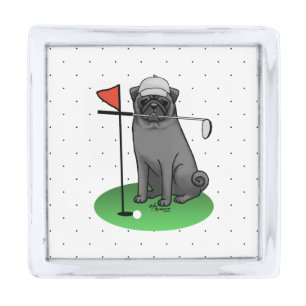 Golf Pug Playing Golf (black) Cute Dog Funny Silver Finish Lapel Pin