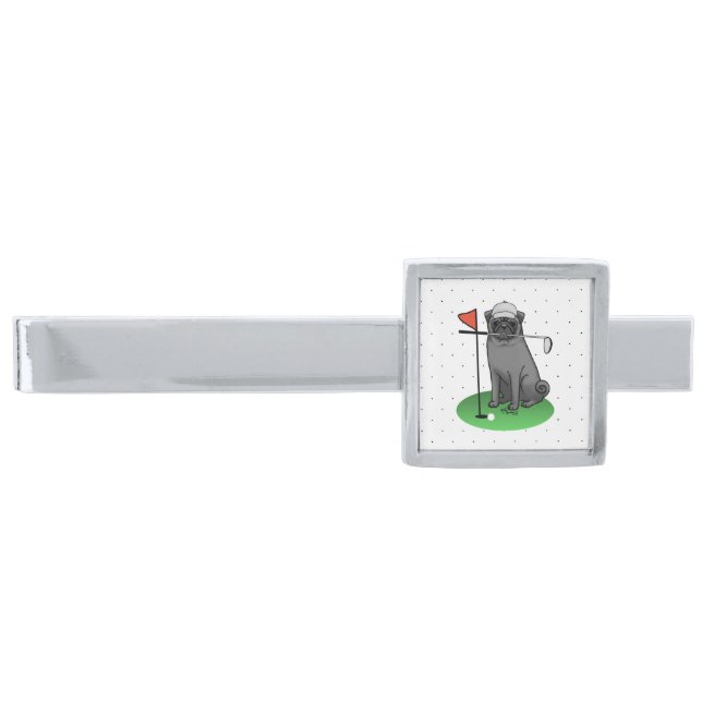 Golf Pug Playing Golf (black) Cute Dog Funny Silver Finish Tie Bar (Front)