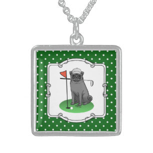 Golf Pug Playing Golf (black) Cute Dog Funny Sterling Silver Necklace