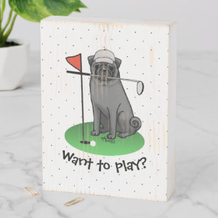 Golf Pug Playing Golf (black) Cute Dog Funny Wooden Box Sign
