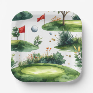 Golf Putting Green with red flag Paper Plates