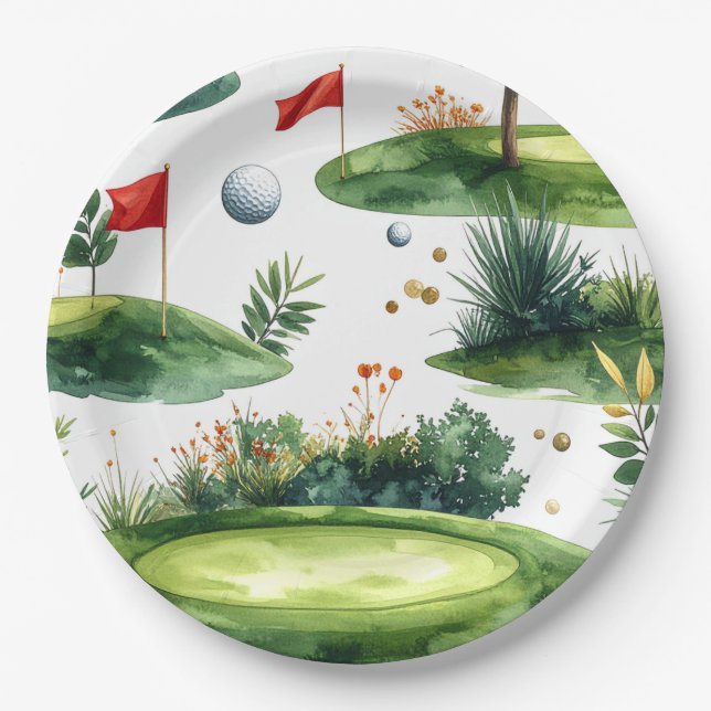 Golf Putting Green with red flag  Paper Plates (Front)