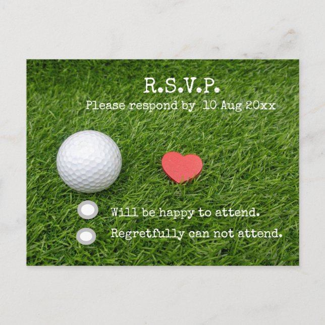 Golf R.S.V.P. Card with golf ball and red heart (Front)
