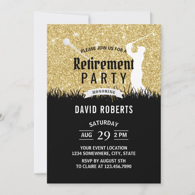 Golf Retirement Party Modern Gold Glitter Invitation (Front)