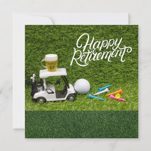 Golf retirement with beer on golf cart  golfer card