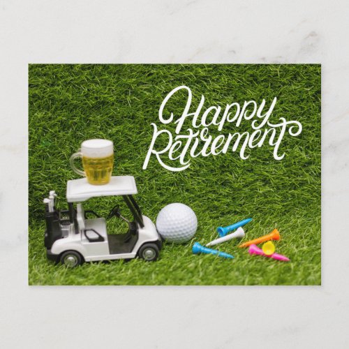 Golf retirement with beer on golf cart  postcard