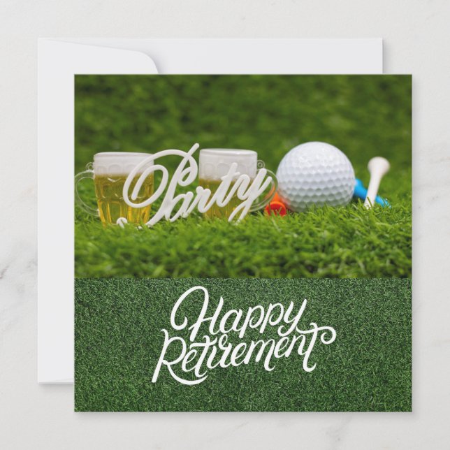 Golf retirement with golf ball and beer on green card (Front)