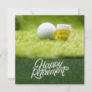 Golf retirement with golf ball and beer on green card