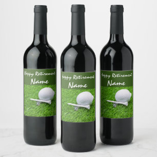 Golf retirement with golf ball and tee on green wine label