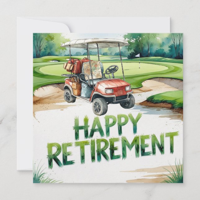 Golf retirement with golf cart on putting green  card (Front)