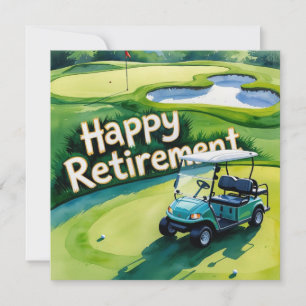 Golf retirement with golf cart on putting green  card
