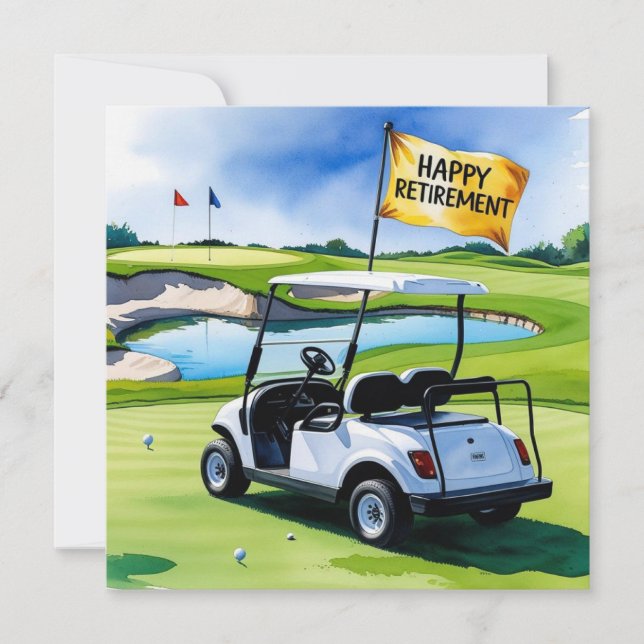Golf retirement with golf cart on putting green  card (Front)