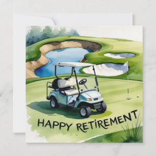 Golf retirement with golf cart on putting green card