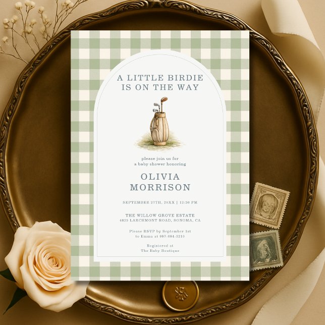 Golf Sage Green Gingham Baby Shower Invitation (Creator Uploaded)