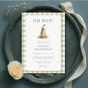 Golf Sage Green Oh Boy Gingham Baby Shower Invitation