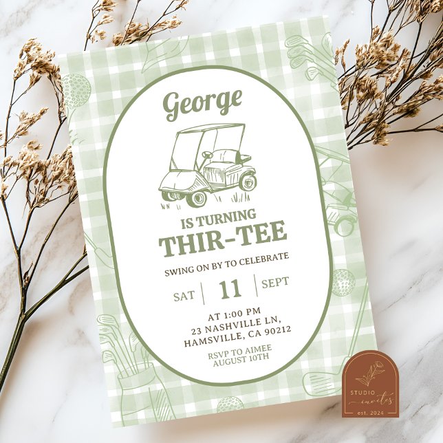 Golf Sage Green Stripes Thirtee Birthday Invitation (Creator Uploaded)