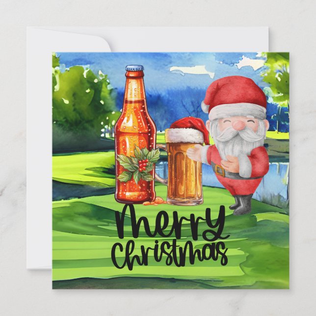 Golf Santa and Beer for Christmas Funny Golfer  Holiday Card (Front)