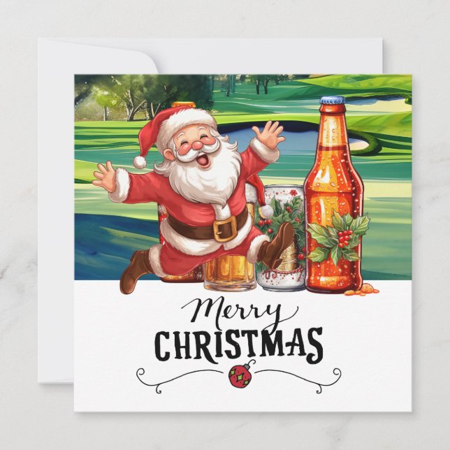 Golf Santa and Beer for Christmas Funny Golfer  Holiday Card (Front)