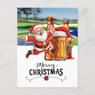 Golf Santa and Beer for Christmas Funny Holiday Postcard
