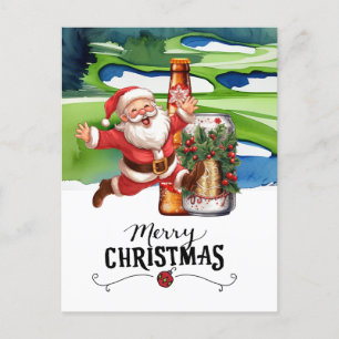 Golf Santa and Beer for Christmas Funny Holiday Postcard