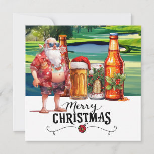 Golf Santa and Beer for Christmas Funny Summer Holiday Card