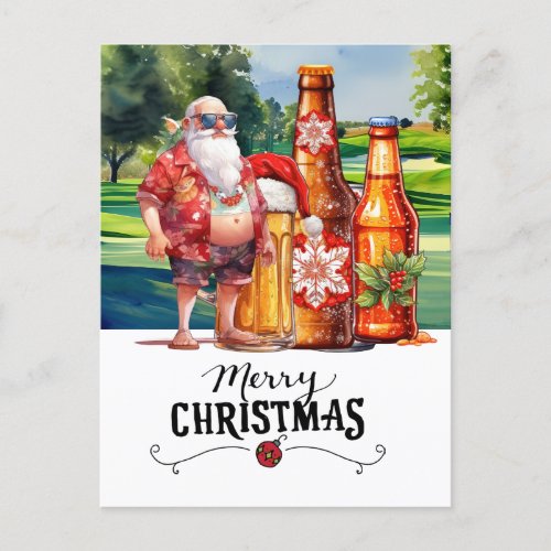 Golf Santa and Beer for Christmas Funny Summer Holiday Postcard