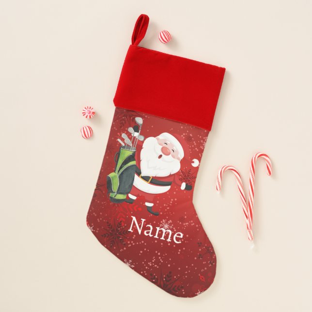 Golf Santa Claus golfer in on red background Christmas Stocking (Front)