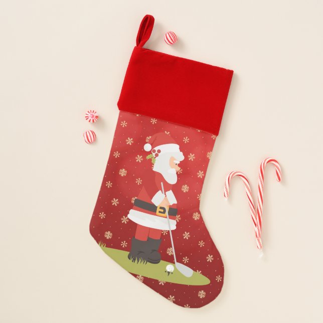Golf Santa Claus golfer in on red background Christmas Stocking (Front)