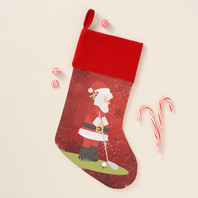 Golf Santa Claus golfer in on red background Christmas Stocking (Front)