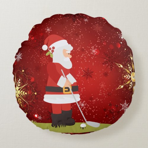 Golf Santa Claus golfer in on red background  Round Pillow