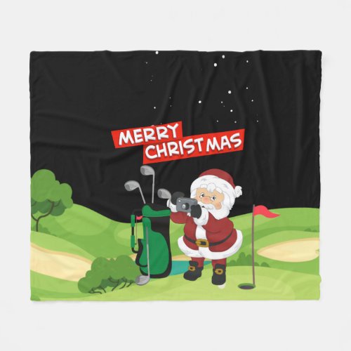  Golf Santa Claus golfer Merry Christmas on Green  Fleece Blanket