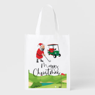 Golf Santa Claus golfer Merry Christmas on Green Grocery Bag