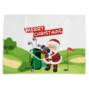 Golf Santa Claus golfer Merry Christmas on Green Large Gift Bag
