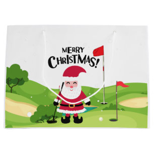 Golf Santa Claus golfer Merry Christmas on Green Large Gift Bag