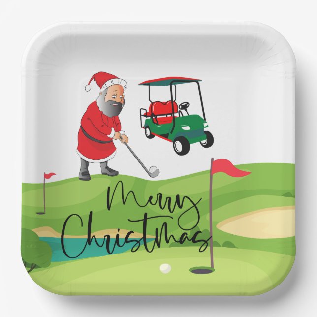  Golf Santa Claus golfer Merry Christmas on Green  Paper Plates (Front)