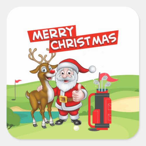  Golf Santa Claus golfer Merry Christmas on Green  Square Sticker