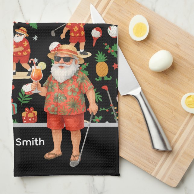 Golf Santa Claus golfing Summer Hawaiian themed Kitchen Towel (Quarter Fold)