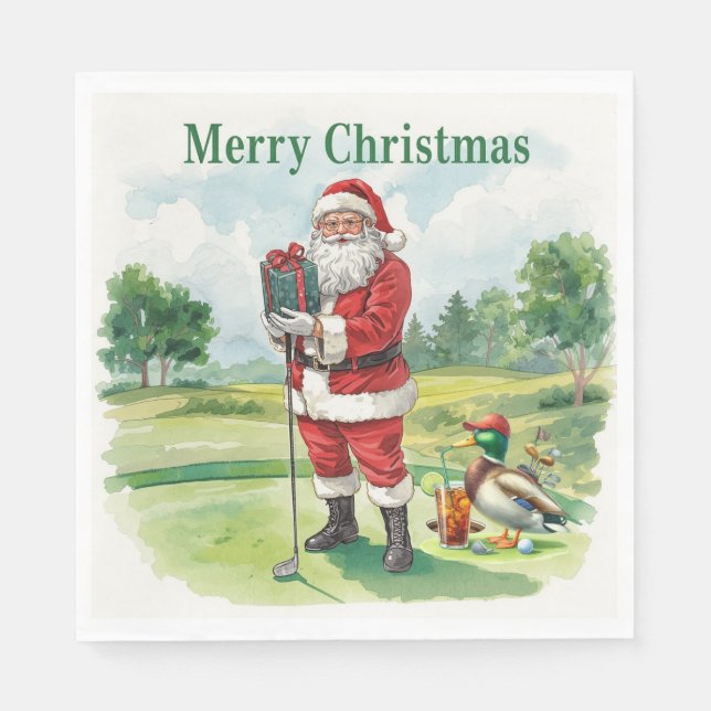 Golf Santa Claus is golfing on Christmas Napkins (Front)