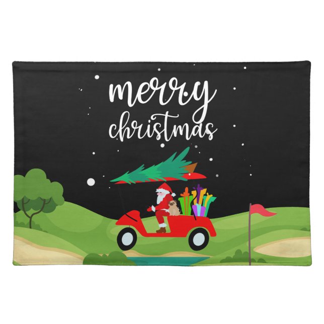 Golf Santa Claus ride red cart Christmas Tree    Cloth Placemat (Front)