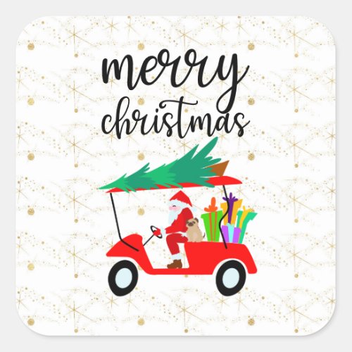 Golf Santa Claus ride red cart Christmas Tree   Square Sticker